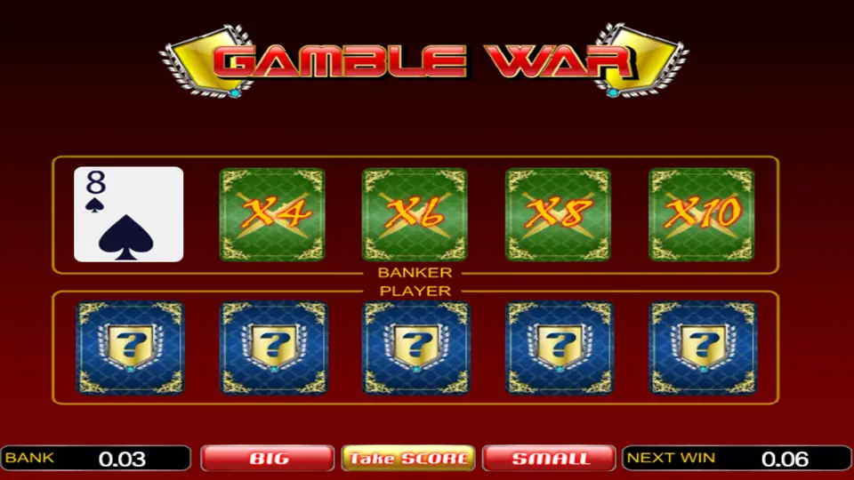 Gamble War screen with the banker's 8 of spades, face-down x4 to x10 cards and five Player cards