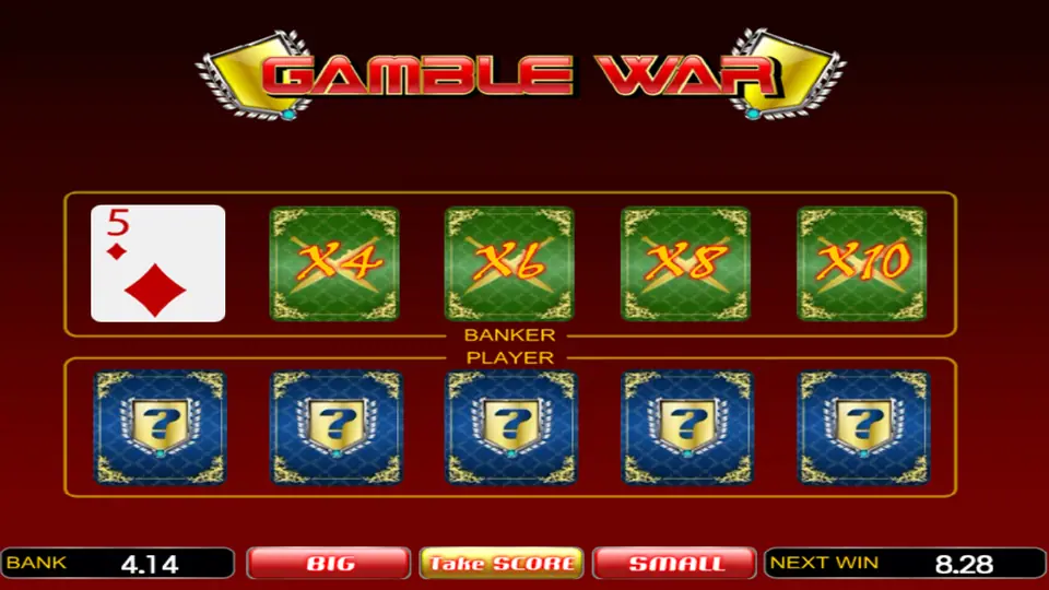 Gamble War screen with the banker's 5 of diamonds, BANK 4.14 and NEXT WIN 8.28