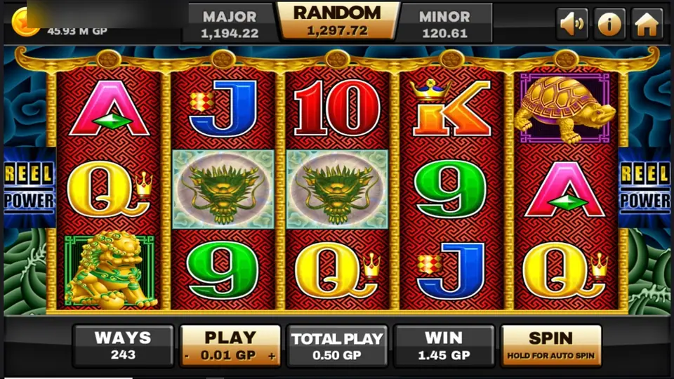 Two green dragon wilds side by side on reels 2 and 3 of 5 Dragons, WIN box showing 1.45