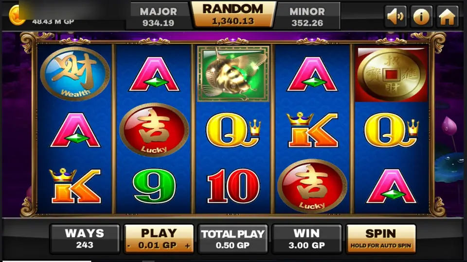 Golden koi wild on reel 3 of 5 Koi Legends between two red Lucky medallions, with the square-hole coin scatter on reel 5 and WIN 3.00