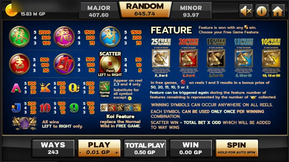 5 Koi Legends help screen on Joker123 with medallion and card pays, the coin scatter and the five free-game choices