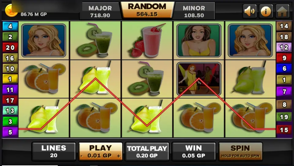 A red zigzag win line across A Night Out reels with pear drinks, oranges and the club-scene scatter on reel 4, numbered line tabs on both sides