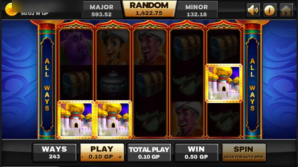 Three white palace scatters lit on Aladdin reels 1, 2 and 5 while the rest of the grid dims