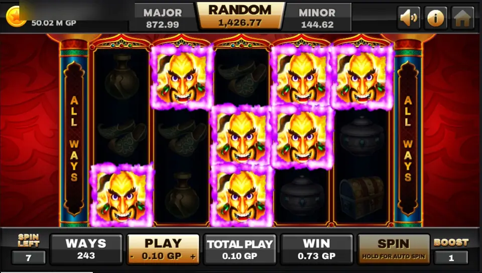 Seven gold Ancient Genie masks glowing purple on the red free-spins screen, SPIN LEFT 7 and BOOST 1 beside the bet panel
