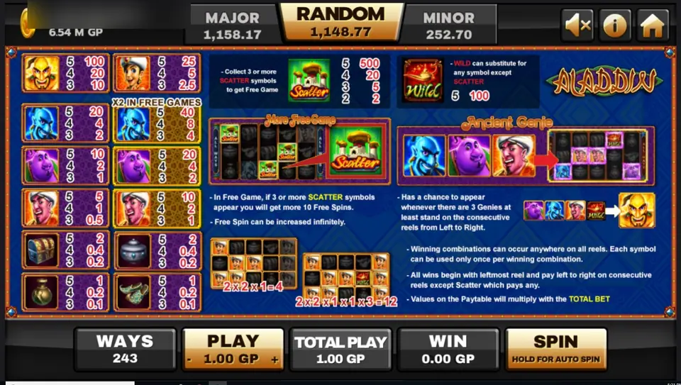 Aladdin help screen on Joker123 with the symbol pays, the X2 IN FREE GAMES column, scatter and wild rules and the Ancient Genie diagram