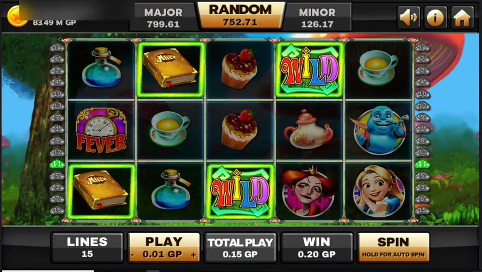 Alice reels with a Fever pocket-watch symbol on reel 1 and two green WILD signs on winning lines, WIN 0.20