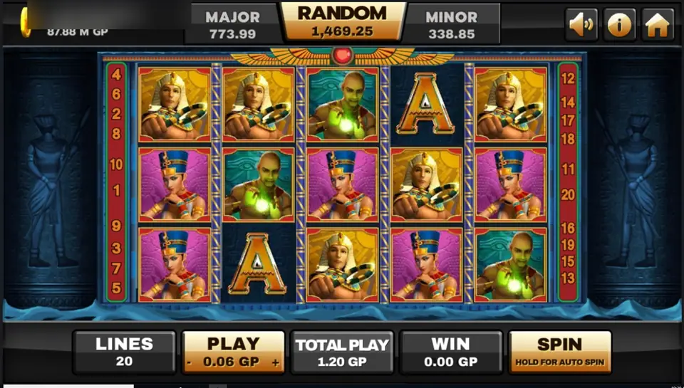 Ancient Egypt reels on Joker123 with pharaoh, queen and green-glowing sorcerer symbols between two dark stone guardian statues