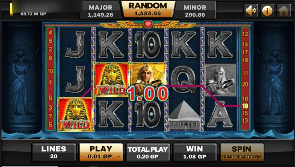 Two death-mask wilds and a pharaoh on Ancient Egypt paying 1.00 on line 19, other symbols greyed out