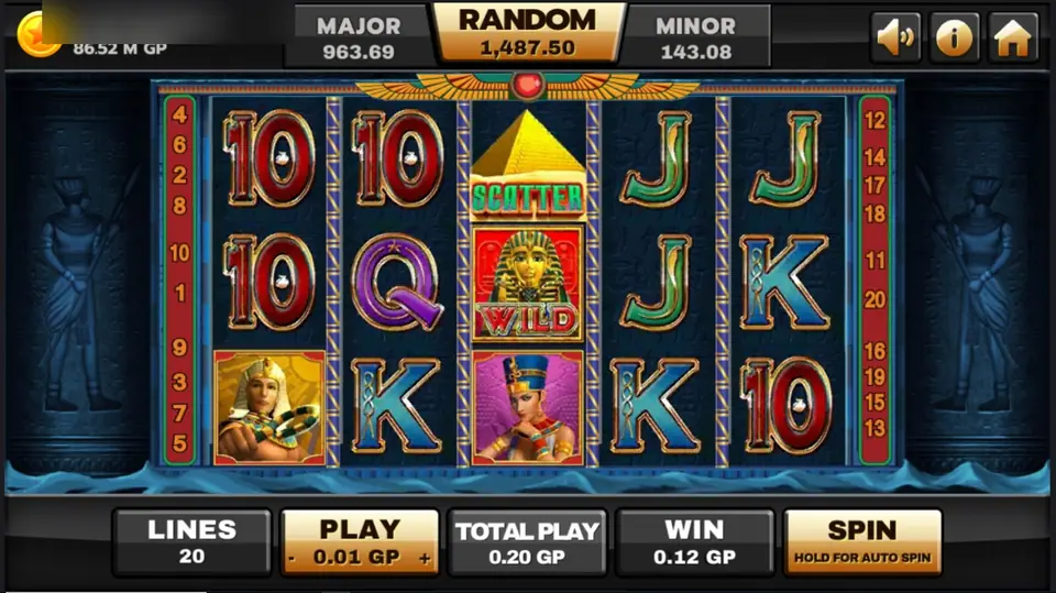 Ancient Egypt reels with the gold pyramid SCATTER stacked above the red death-mask WILD on reel 3