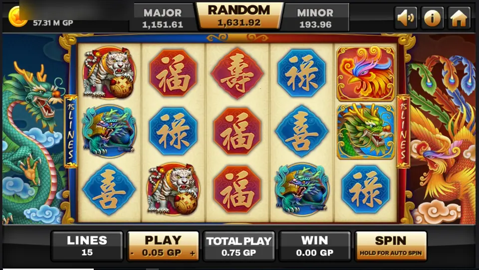 Archer reels on Joker123 with white tiger, azure dragon and phoenix symbols among red and blue lucky-character tiles, dragon and phoenix art at the sides