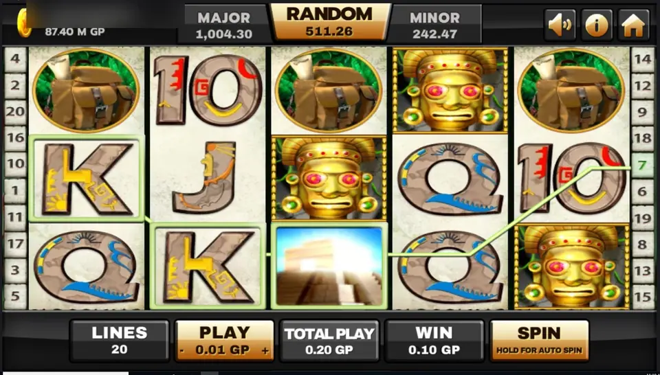 Azteca reels with three gold idol masks on reels 3 to 5 and a pyramid wild completing a K line on line 7 for 0.10