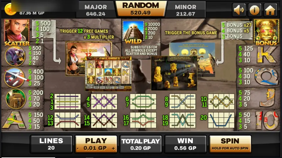 Azteca help screen on Joker123 with the explorer scatter, pyramid wild, idol bonus symbol, symbol pays and the 20-line chart