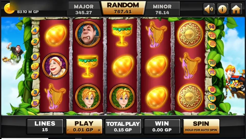 Beanstalk reels on Joker123 with golden eggs, harps, goblets and Jack portraits on red reel strips framed by a green beanstalk and blue sky