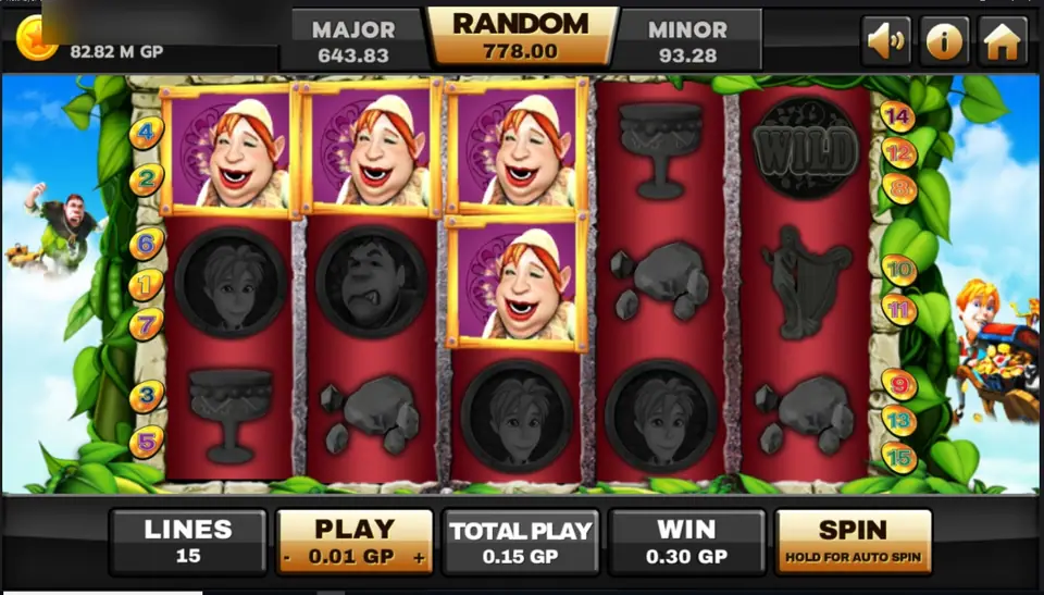 Three portraits of the giant's wife in red bonnets framed in gold on the Beanstalk reels, paying 0.30 at 0.15 per spin
