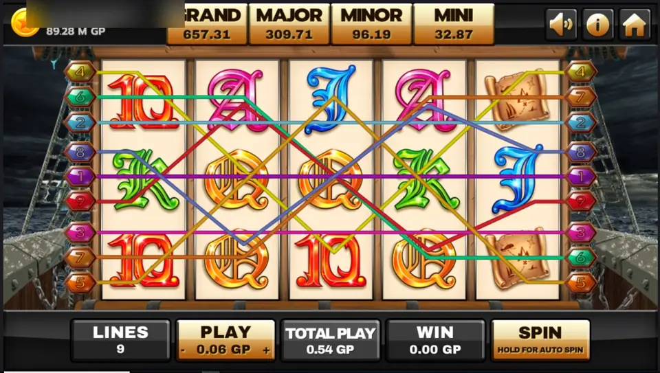 Captain's Treasure Progressive on Joker123 with all nine paylines drawn across glossy card letters, a treasure map and a ship deck behind