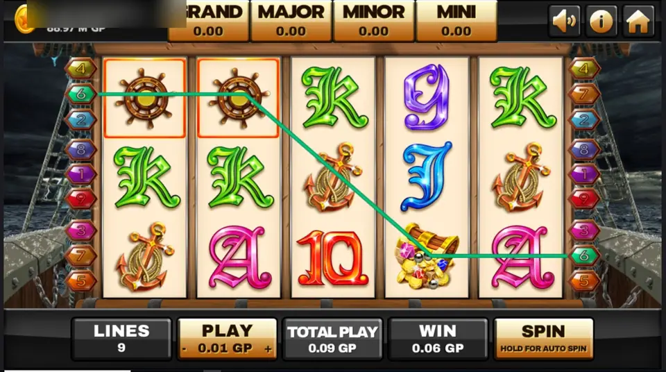 Captain's Treasure Progressive on Joker123 with two ship's wheels framed on reels 1 and 2 and a green payline, WIN 0.06 at 0.09 per spin