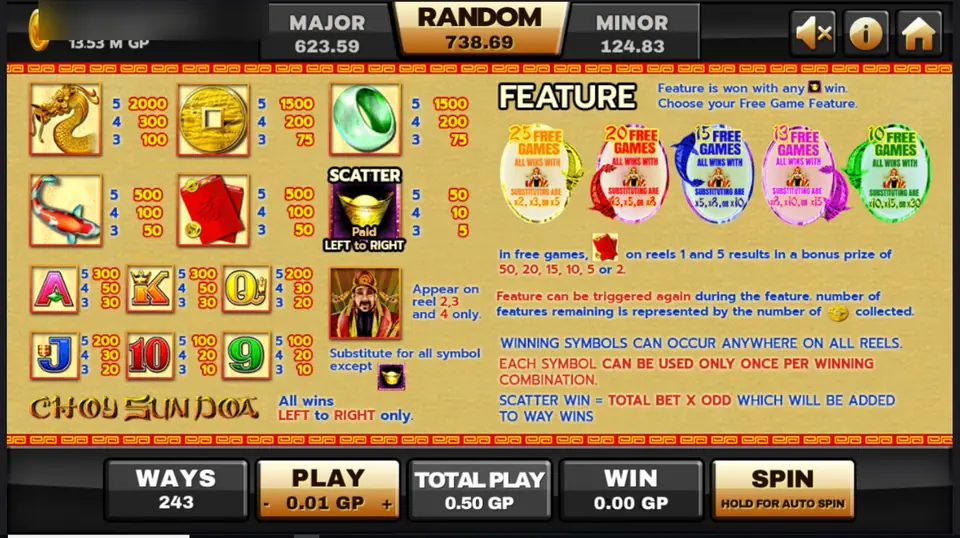 Choy Sun Doa help screen on Joker123 with the symbol pays, the ingot scatter, the God of Wealth wild note and the five free-game packages