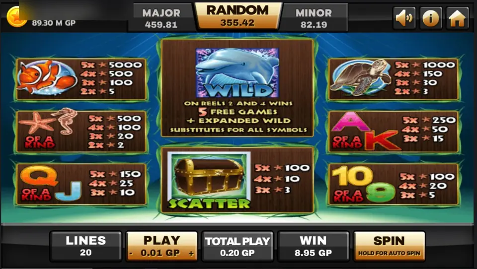Dolphin Reef help screen on Joker123 with the clownfish, turtle, starfish, seahorse and card pays, the dolphin wild rules and the chest scatter