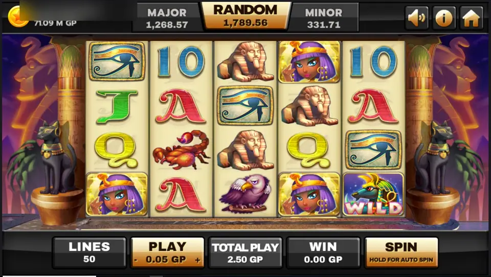 Egypt Queen reels on Joker123 with an eye of Horus, a sphinx, a queen portrait, scorpions, a purple eagle and a wild tile between black cat statues