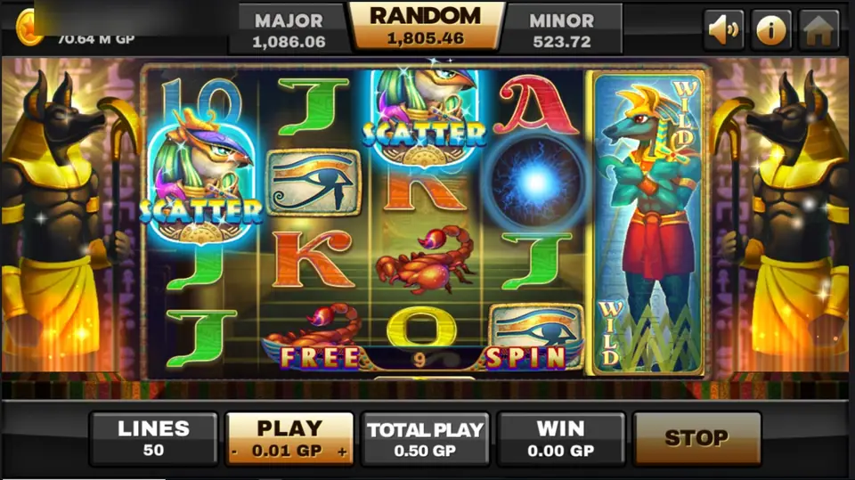 Egypt Queen free spins on Joker123 with a gold reel frame, jackal statues at the sides, a FREE 9 SPIN counter and a full-height wild on reel 5