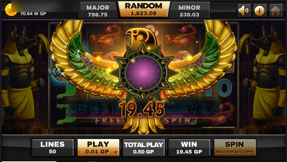 Winged gold scarab badge showing the Egypt Queen free spins total of 19.45