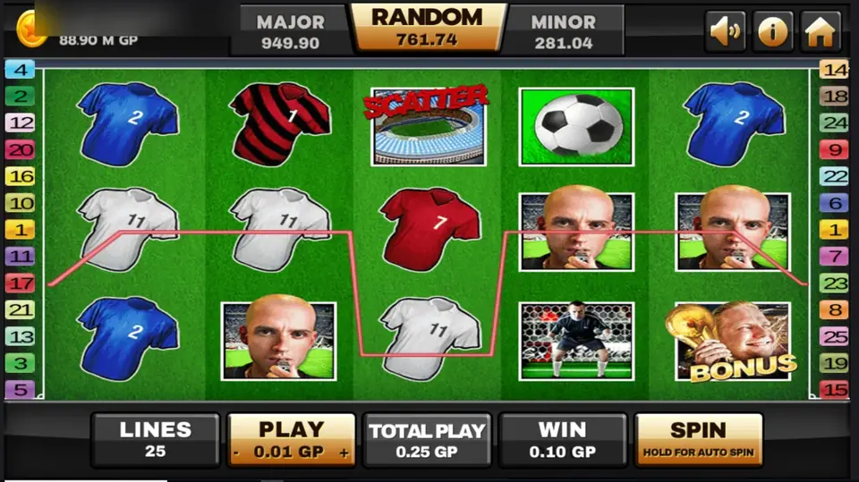 A red payline across white No. 11 shirts and referees on Football Rules, with the trophy BONUS fan on reel 5 and WIN 0.10