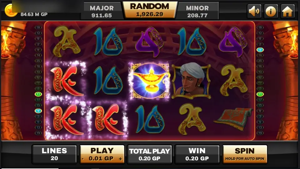 Red K symbols and a magic lamp wild wrapped in sparkling frames on the Genie reels, WIN 0.20 at 0.20 per spin