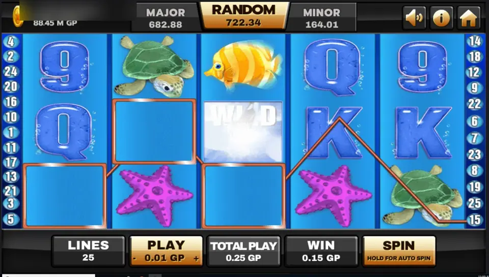 Great Blue on Joker123 with a line drawn through starfish positions and a WILD tile on reel 3, WIN 0.15 GP