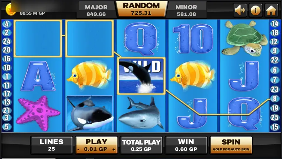 Orca WILD on reel 3 of Great Blue on Joker123 completing a yellow payline, WIN 0.60 GP at 0.25 per spin