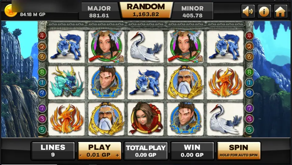 Thun Ten God reels on Joker123 with sage, hero, dragon, phoenix and crane symbols in front of misty mountain cliffs