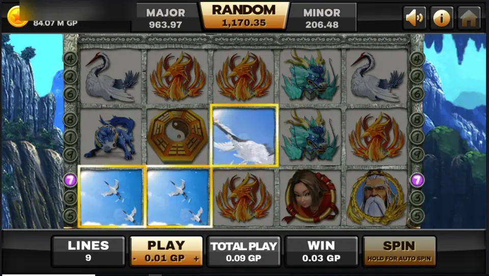 Thun Ten God win on Joker123 with two crane tiles turned into blue sky and flying birds, framed in yellow