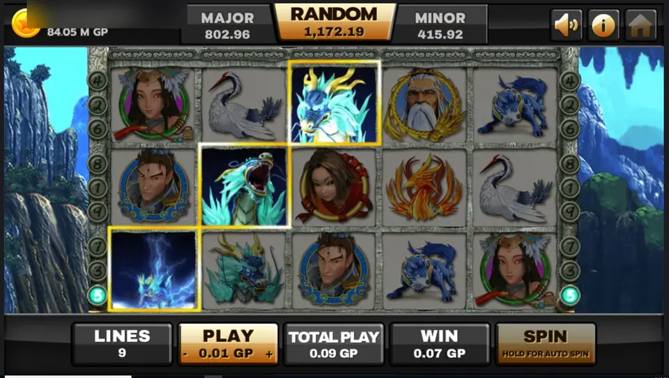 Three azure dragon symbols lit up with blue lightning on a Thun Ten God line win
