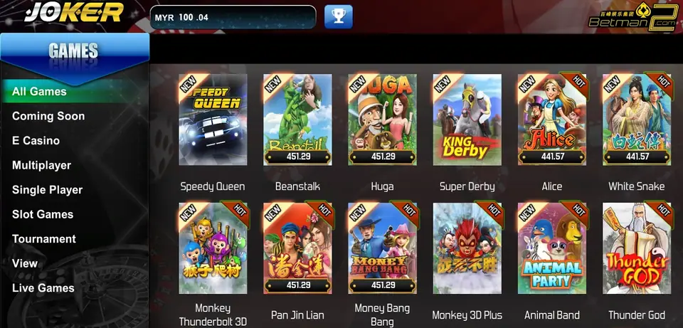 Joker123 lobby with the GAMES menu on the left and game tiles showing jackpot figures