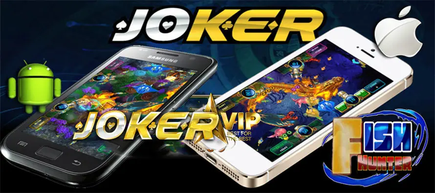 Joker123 promo banner with a Fish Hunter logo, Joker VIP badge and a fish-shooting table on an Android phone and an iPhone