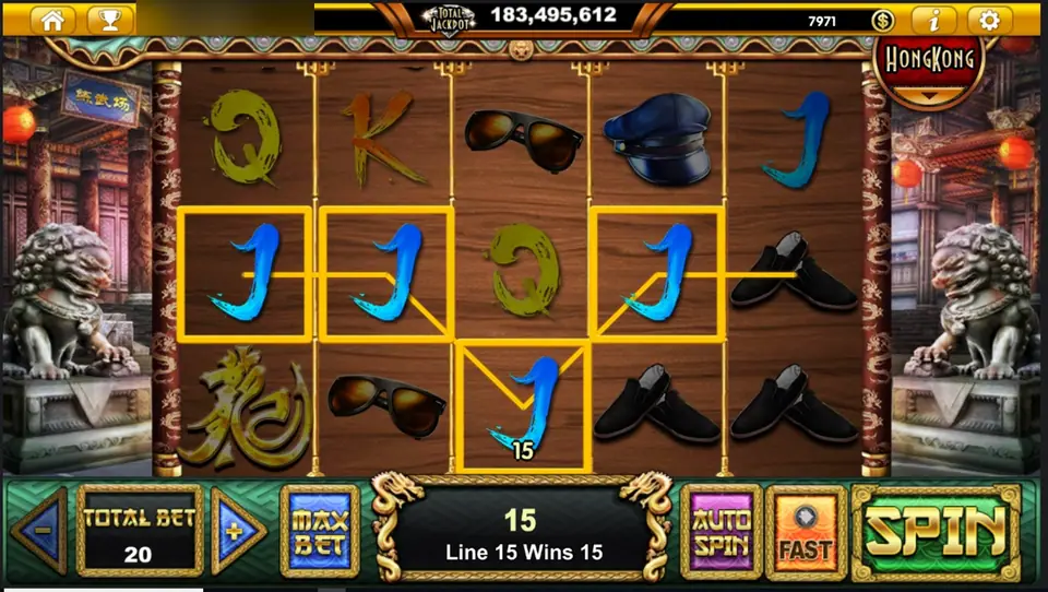 Bruce The Legend line 15 win: four blue brush-stroke Js boxed in gold across reels 1 to 4, message box reading Line 15 Wins 15 at bet 20