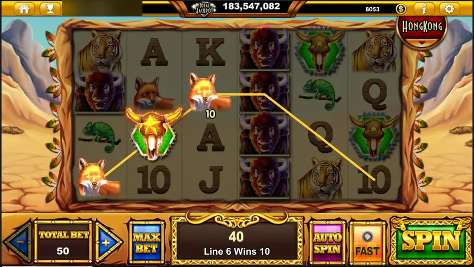 Buffalo Blaze line 6 win: fox, green buffalo-skull badge and fox joined by a gold line, message box reading Line 6 Wins 10