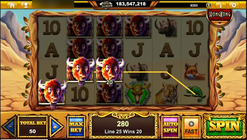 Stacked buffalo across reels 1 to 3 on a six-reel grid, message box reading Line 25 Wins 20 and 280 in the WIN box at bet 50