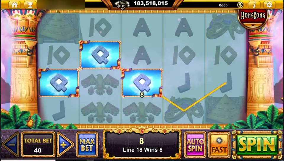 Three blue-tiled Q symbols connected on line 18 for a win of 8