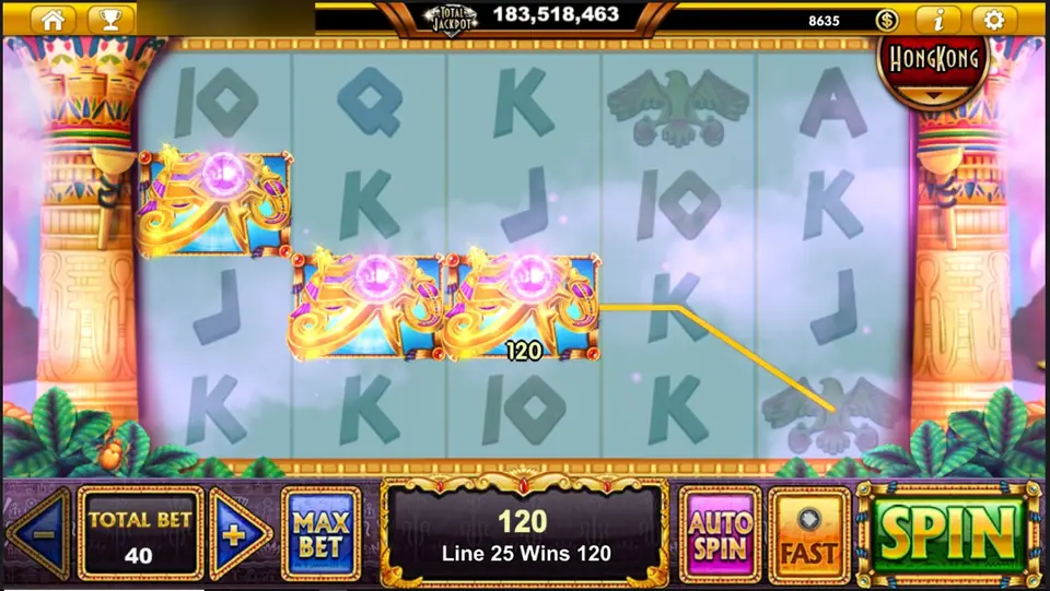 Eye of Horus symbols lit on line 25 with a 120 win in the message box