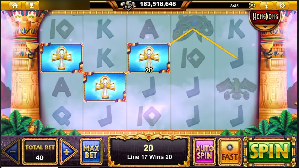 Three ankh symbols paying 20 on line 17