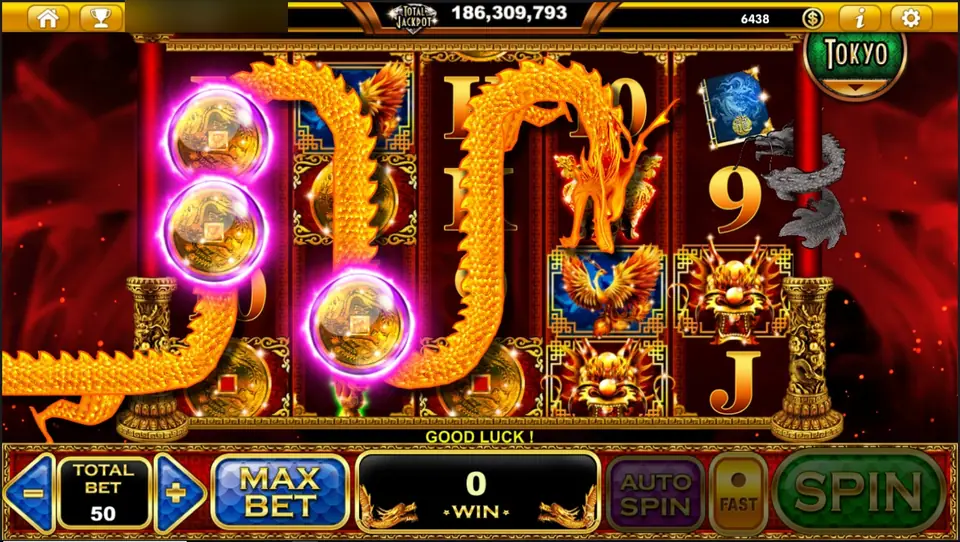 A golden dragon coiling over the reels with three coin symbols ringed in pink light