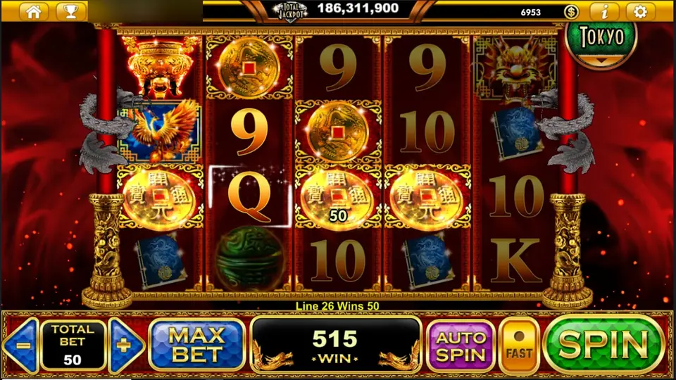 Gold coins across the first four reels with Line 26 Wins 50 and a total of 515 in the win box