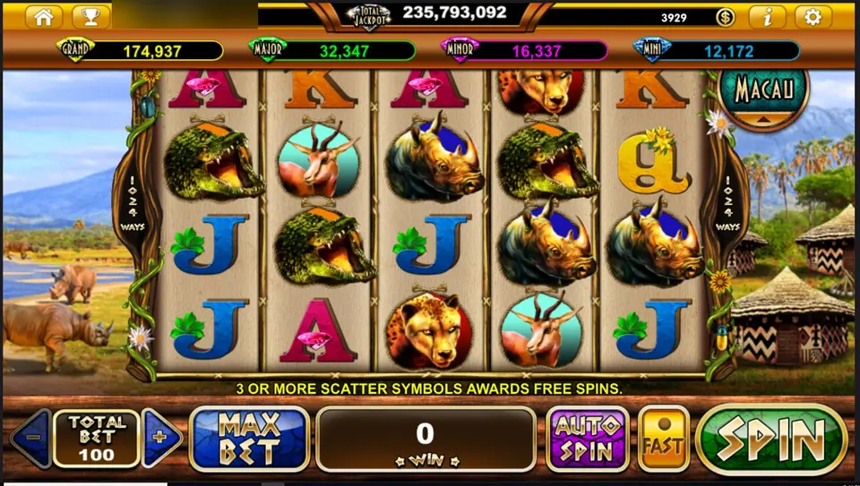 Rhino Crash reels with crocodile, gazelle, rhino and cheetah symbols in a wooden frame, a rhino and huts on the savannah either side