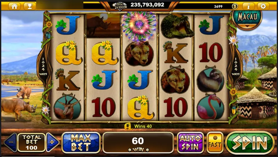Rhino Crash with a flower burst on reel 3 and a Q ways win of 40 shown under the reels