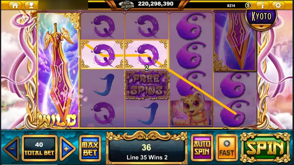 The sword WILD filling reel 1 while a Q line pays 2 on line 35, total 36