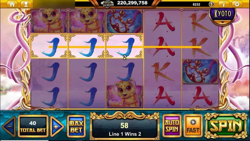 Three blue J symbols on line 1 paying 2, spin total 58