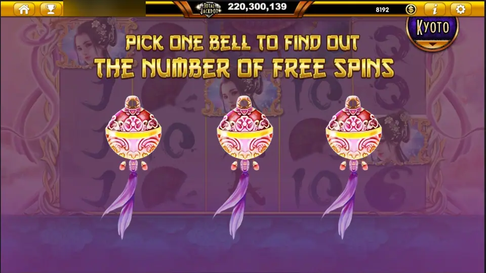 Three pink and white bells under the heading PICK ONE BELL TO FIND OUT THE NUMBER OF FREE SPINS