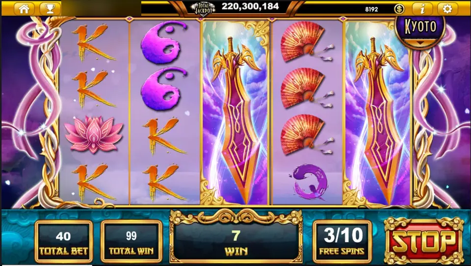 Free spins with two sword wilds on reels 3 and 5, counter at 3/10, total win 99