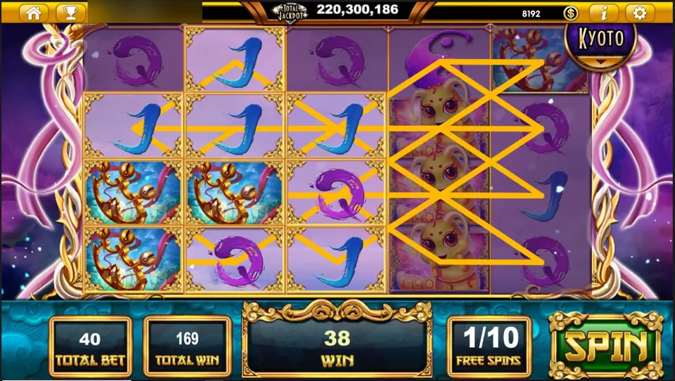 Many lines crossing the grid on a J and plum blossom spin, counter 1/10, total win 169