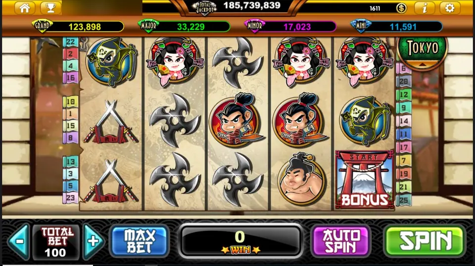 Samurai Heroes reels in a paper-screen dojo: ninja, geisha, shuriken, crossed katanas, a samurai, a sumo wrestler and a torii gate BONUS tile